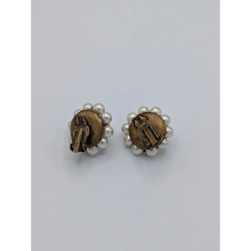 Vintage Faux Pearl Cluster Clip Earrings Brass Gold Tone MCM 1950s Japan Estate